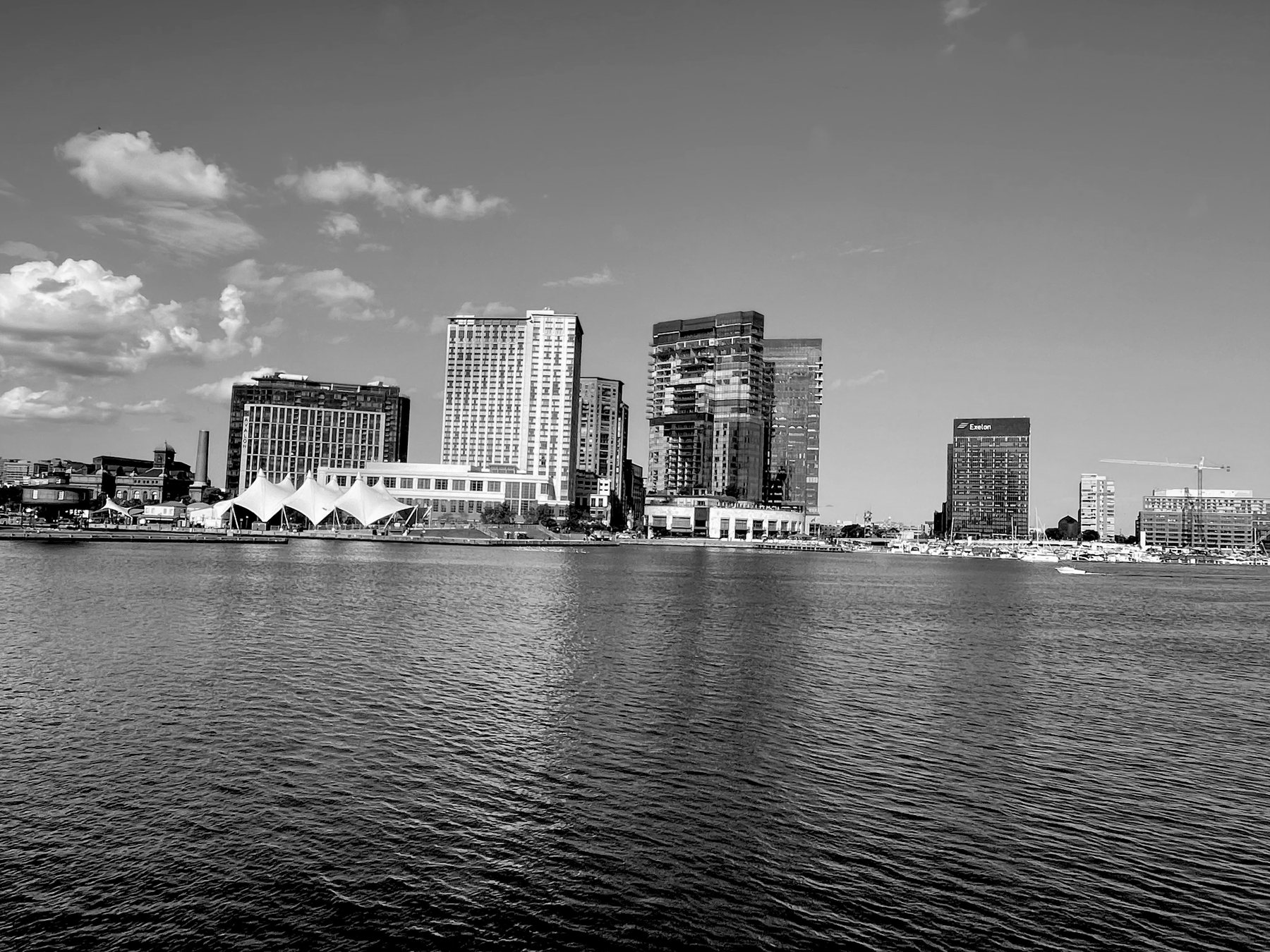 Black and white view of Inner Harbor in Baltimore